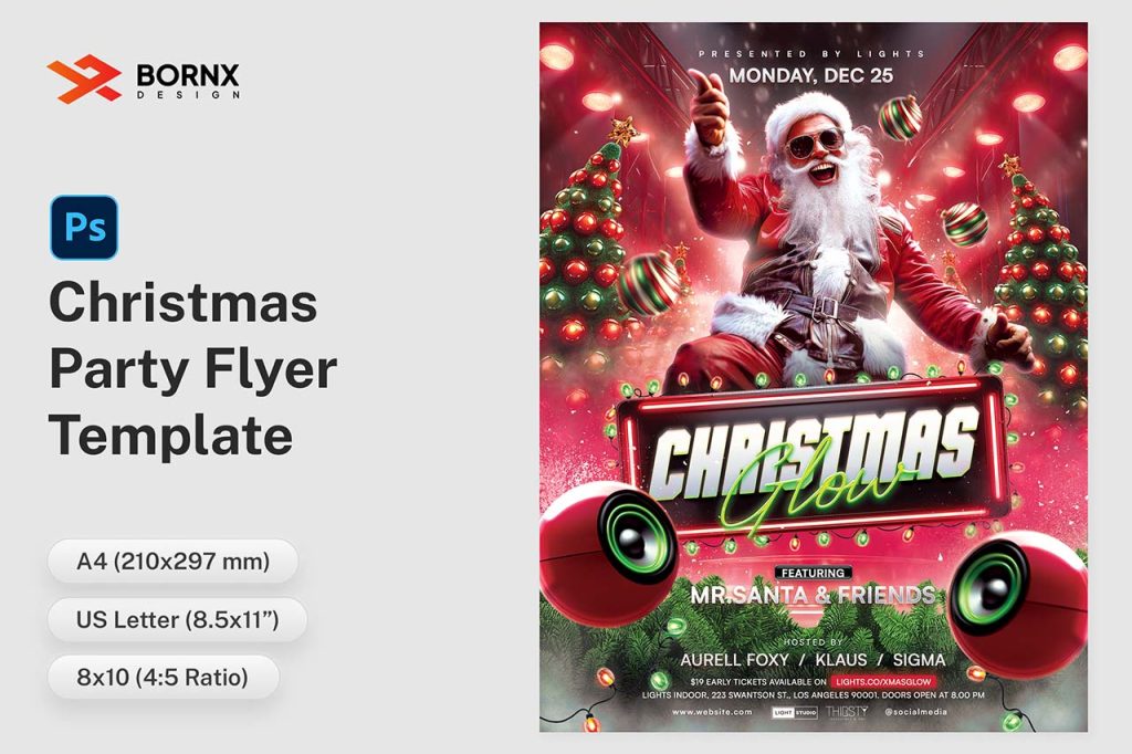 Christmas Party Flyer PSD Template preview showcasing Santa-themed design and multiple print sizes