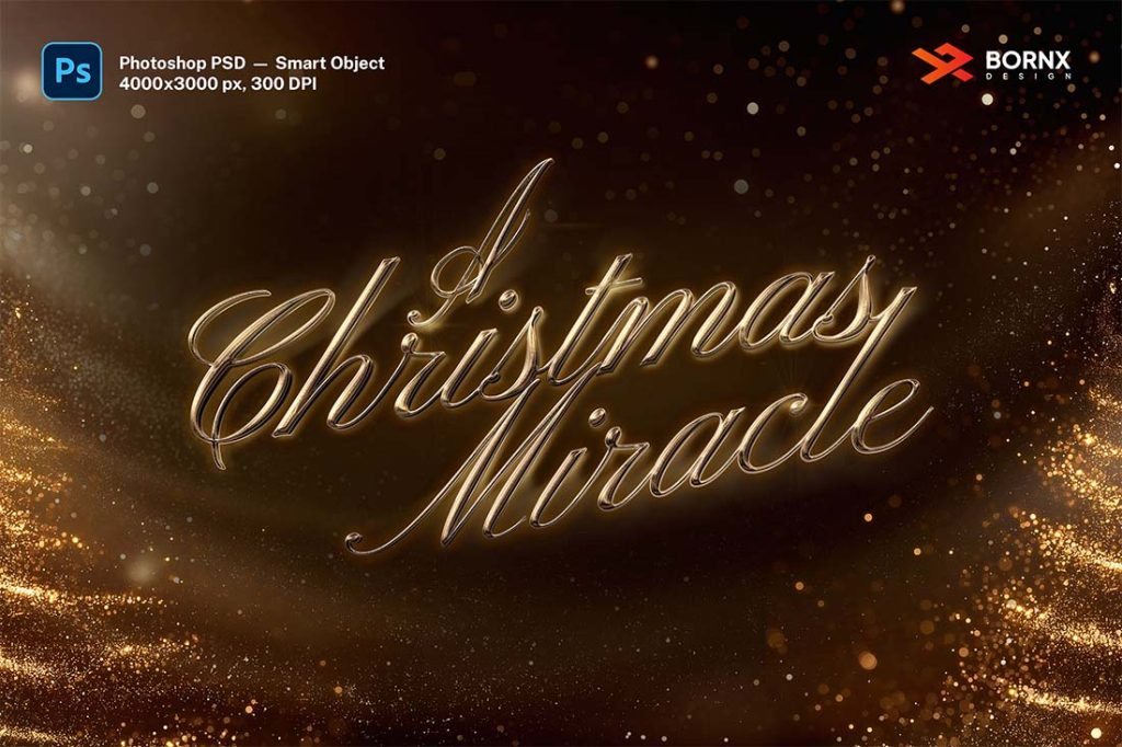 Magical Christmas 3D Gold Text Effect PSD Template with elegant golden lettering and sparkling festive background
