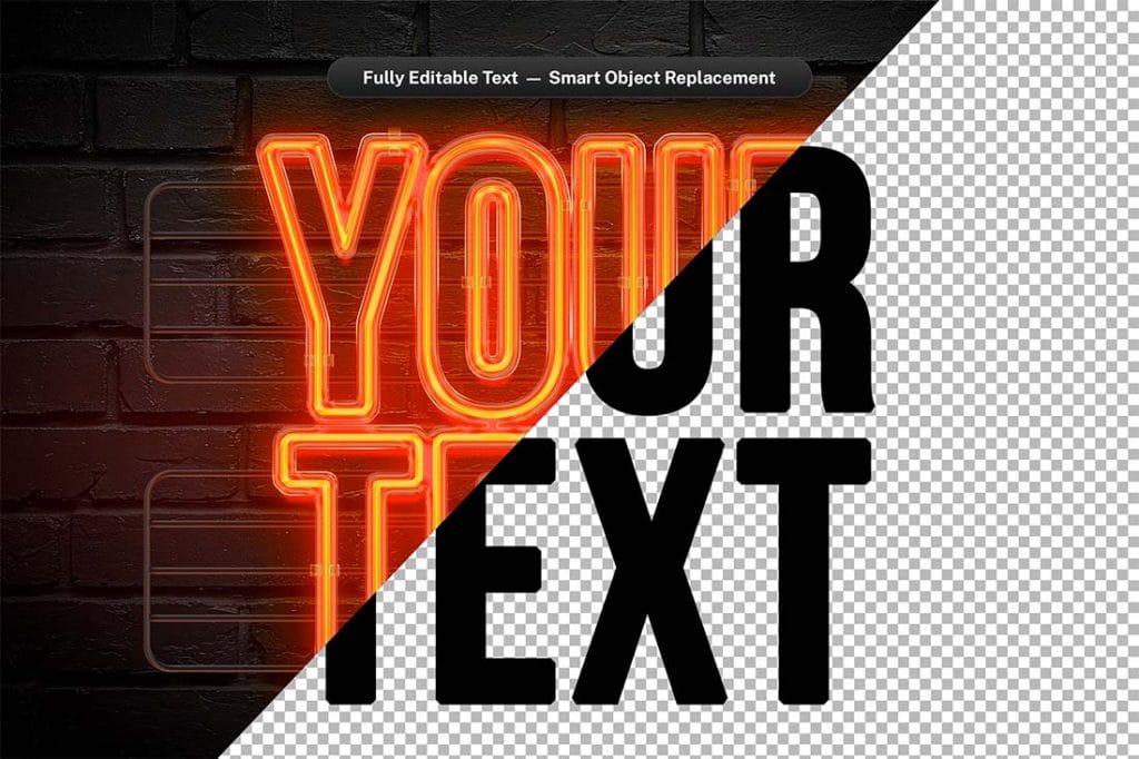Editable Photoshop Smart Object showing customizable neon sign 3D text effect with transparent preview