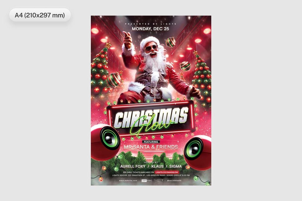 A4 format Christmas party flyer design featuring dynamic Santa pose and holiday ornaments