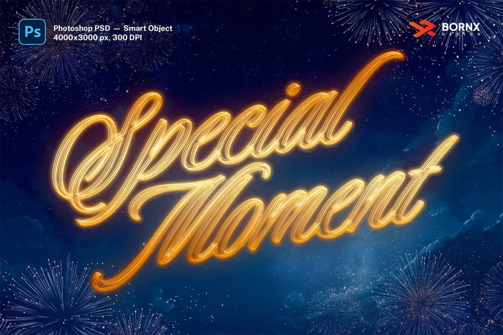 Light Trail Text Effect Template preview showing glowing script text with magical light streaks