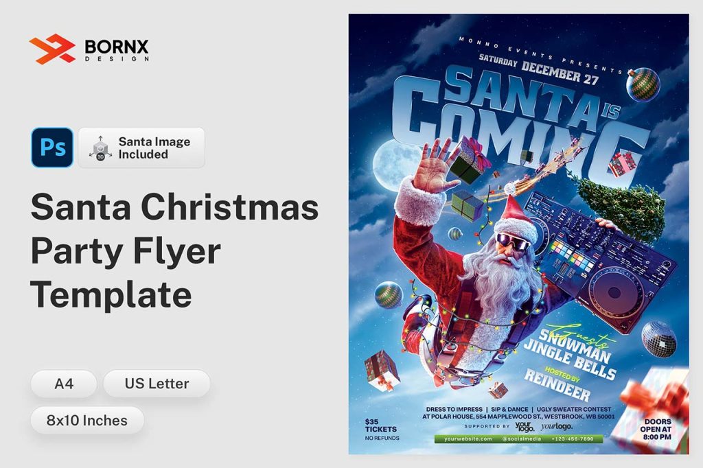 Santa Christmas Party Flyer Template preview showing DJ Santa with gifts and festive decorations