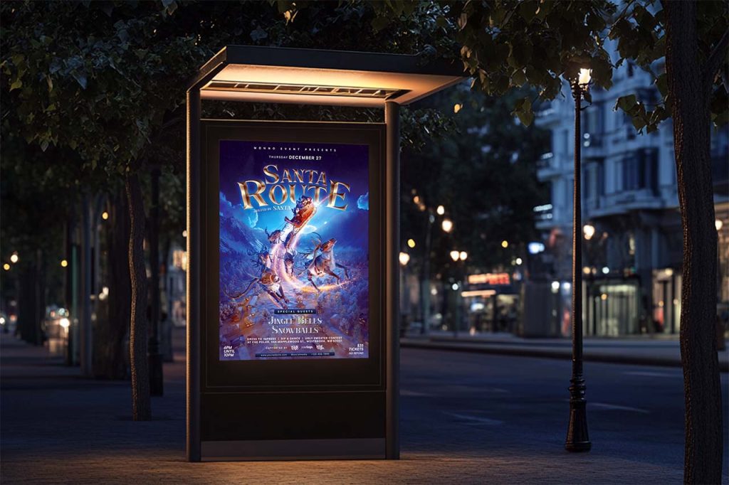 Outdoor night street mockup displaying Santa Sleigh Christmas flyer inside illuminated poster stand