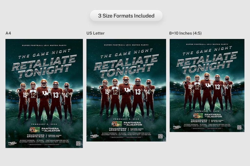 Preview of the American Football Flyer Template in three distinct sizes including A4, US Letter, and 8x10 inches, displaying the layout adaptability.