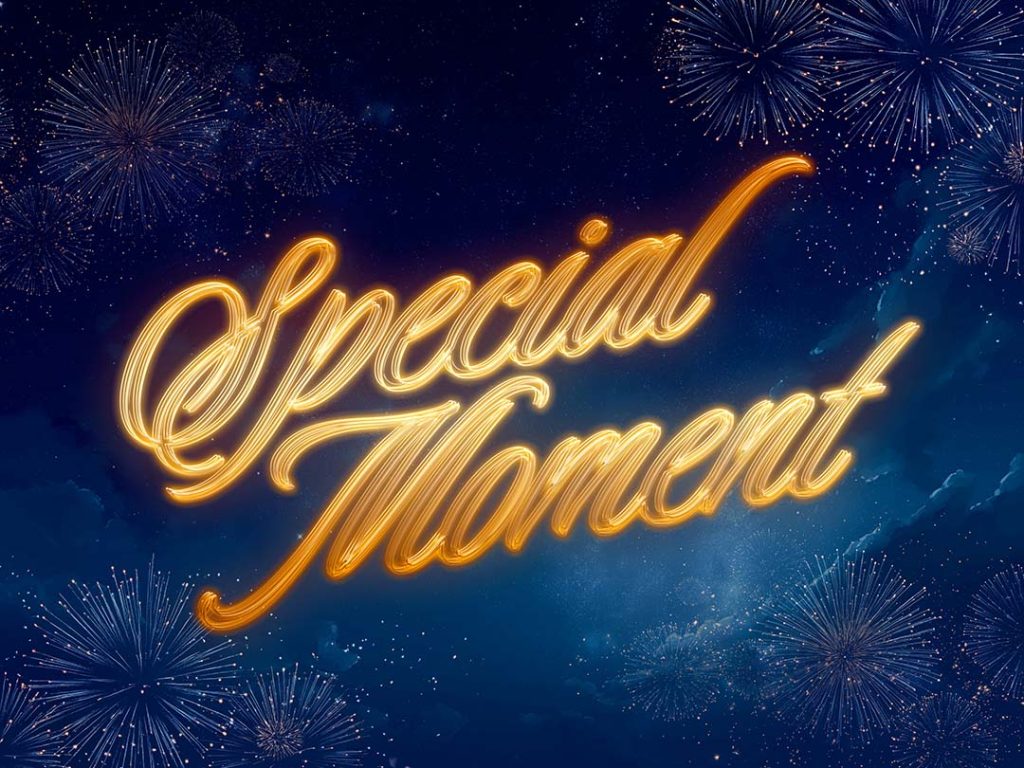 Light trail text effect PSD template for magical, fantasy, anniversary, and celebration titles. Easy Smart Object editing.