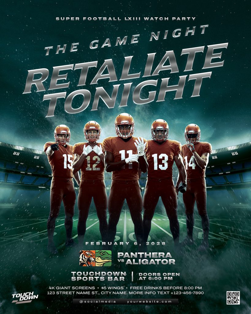 A cinematic sports flyer design featuring five American football players in orange uniforms standing on a misty stadium field at night. The layout includes bold chrome metallic 3D typography that reads "Retaliate Tonight" and realistic rain textures, professionally designed and editable in Adobe Photoshop.