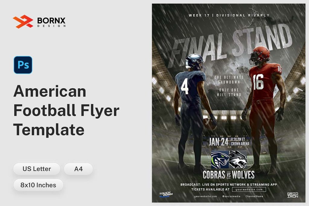 American Football Flyer PSD Template featuring a rainy stadium background and 3D metallic typography with player silhouette