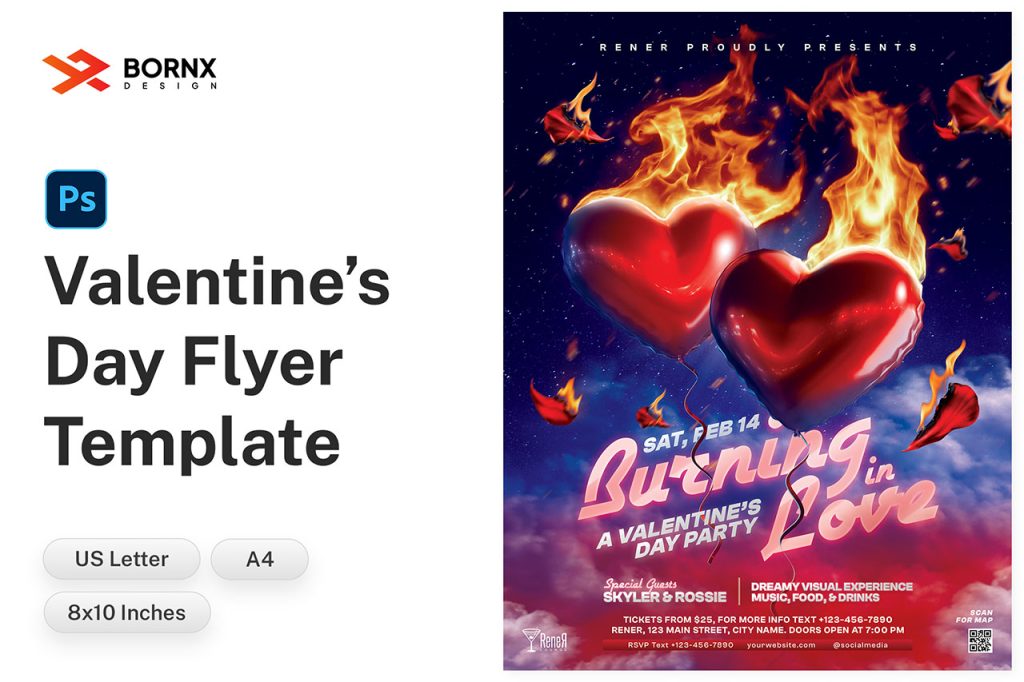 Burning in Love Valentine's Day flyer template featuring a glossy 3D heart on fire with a dark blue starry background and bold typography.