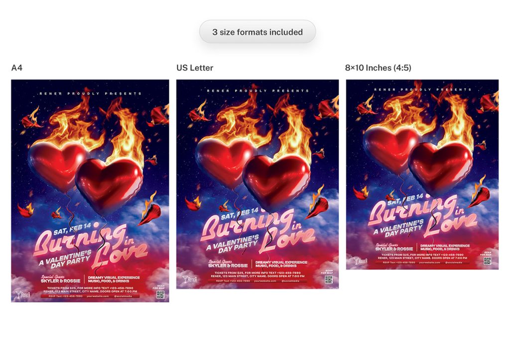 Comparison of three available file formats for the Valentine flyer template: A4, US Letter, and 8x10 inch sizes, all featuring the burning heart design.