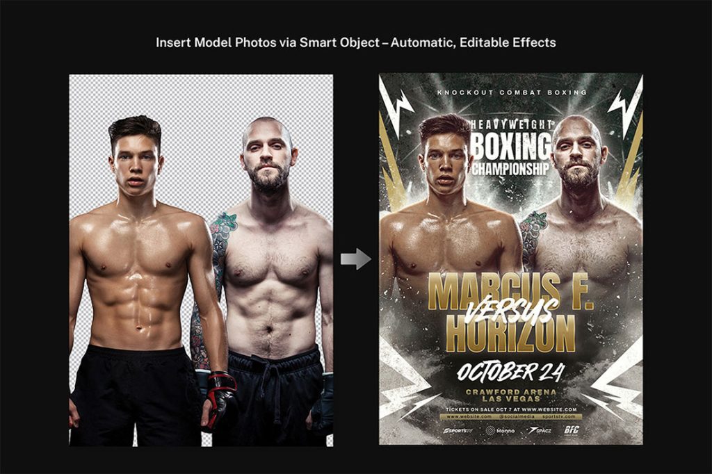 before-and-after demonstration of a Photoshop Smart Object feature in a Boxing Flyer PSD Template. The left side shows two male fighters on a transparent PNG background — one lean and tattooed, the other muscular. The right side shows the same fighters automatically placed inside the finished boxing championship flyer with dramatic dark textures, gold lightning bolts, grunge overlays, and bold gold typography displaying fighter names in a versus layout, proving how quickly custom photos can be dropped in via Smart Object.