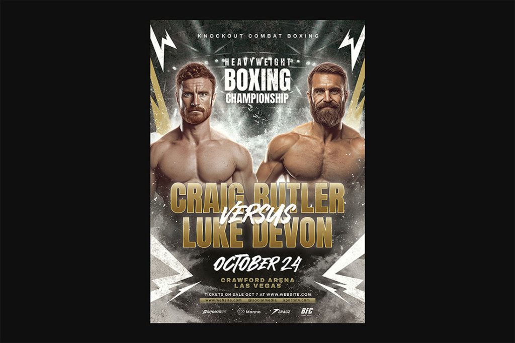 A full-bleed close-up preview of a professional boxing championship flyer design created in Photoshop. Two heavyweight male fighters stand side by side against a dark, grungy arena backdrop layered with smoke effects and gold and white lightning bolt graphics. Bold gold metallic serif typography displays the fighter names and "versus" in the center, with event date, venue, and sponsor logos aligned at the bottom on a distressed textured background.
