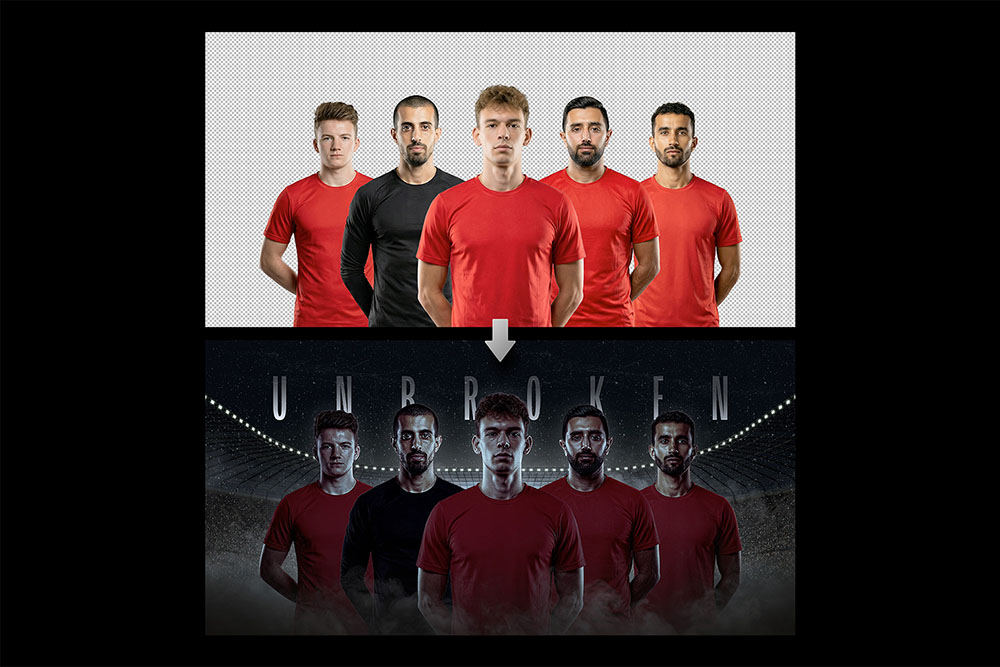 Before and after comparison of a sports photo manipulation showing a soccer team on a transparent background transformed into a dramatic dark gritty poster using a Photoshop template.