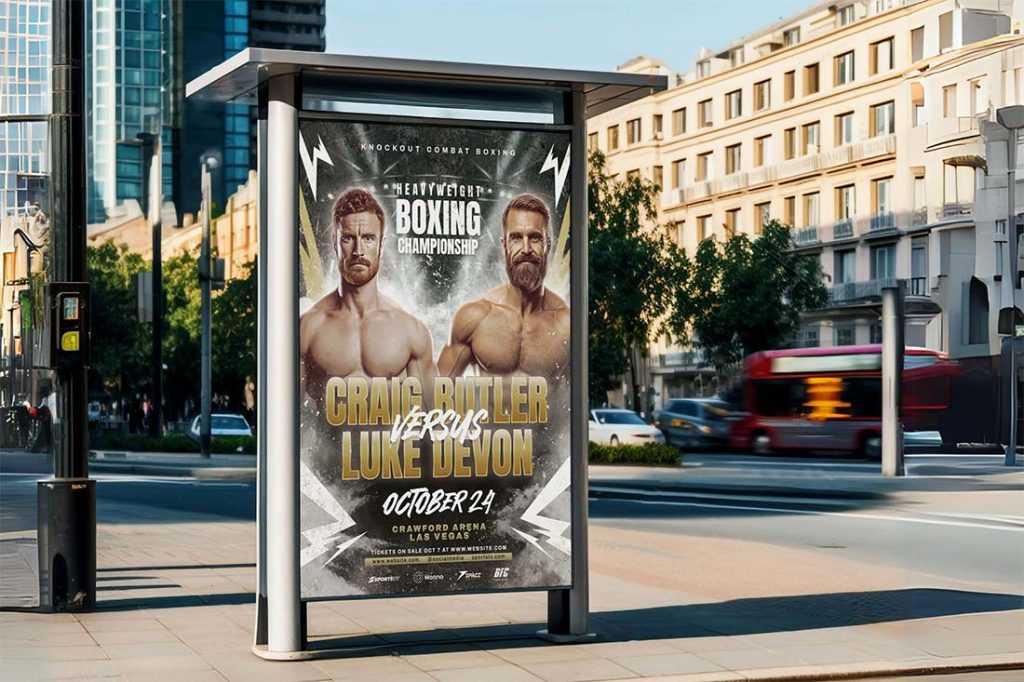 An outdoor mockup of a boxing fight night flyer displayed on a city street bus shelter billboard. The large-format poster features two male heavyweight fighters on a dark smoky background with gold lightning bolt accents and bold gold fighter names in a versus layout. The urban setting with buildings, a passing red bus, and natural daylight demonstrates how the Photoshop PSD boxing flyer template looks when printed and displayed at full outdoor scale.