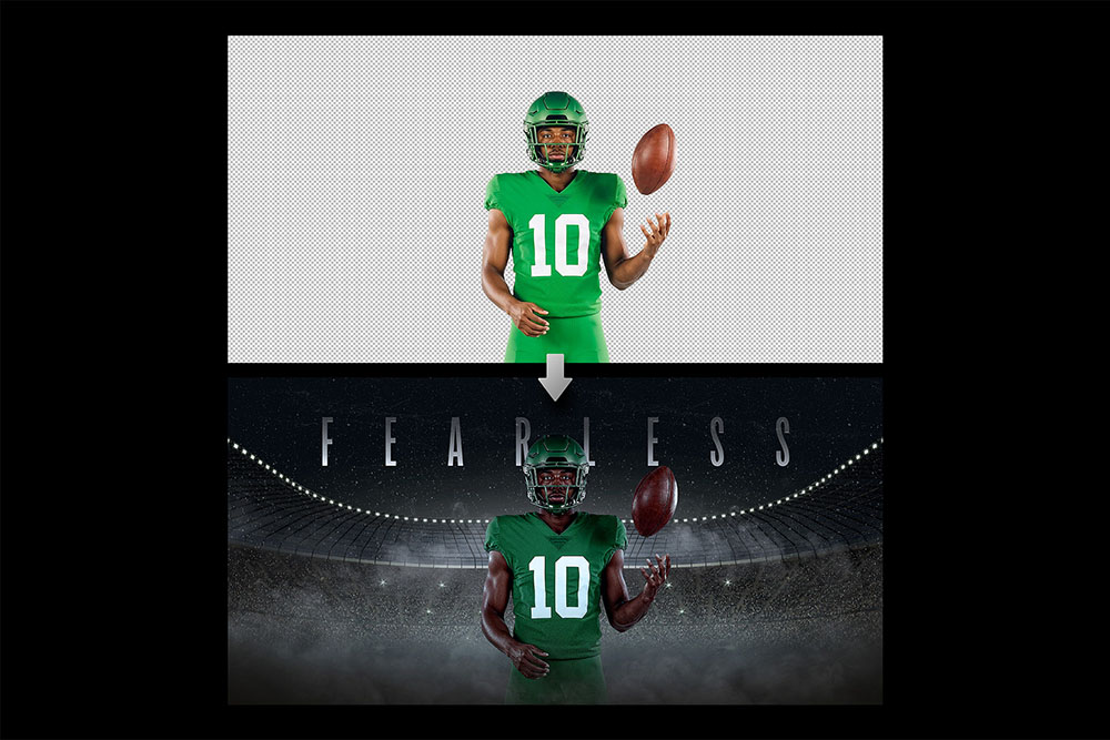 Process view showing an American football player cutout being composited into a dark stadium background with smoke effects using a digital sports photography template.