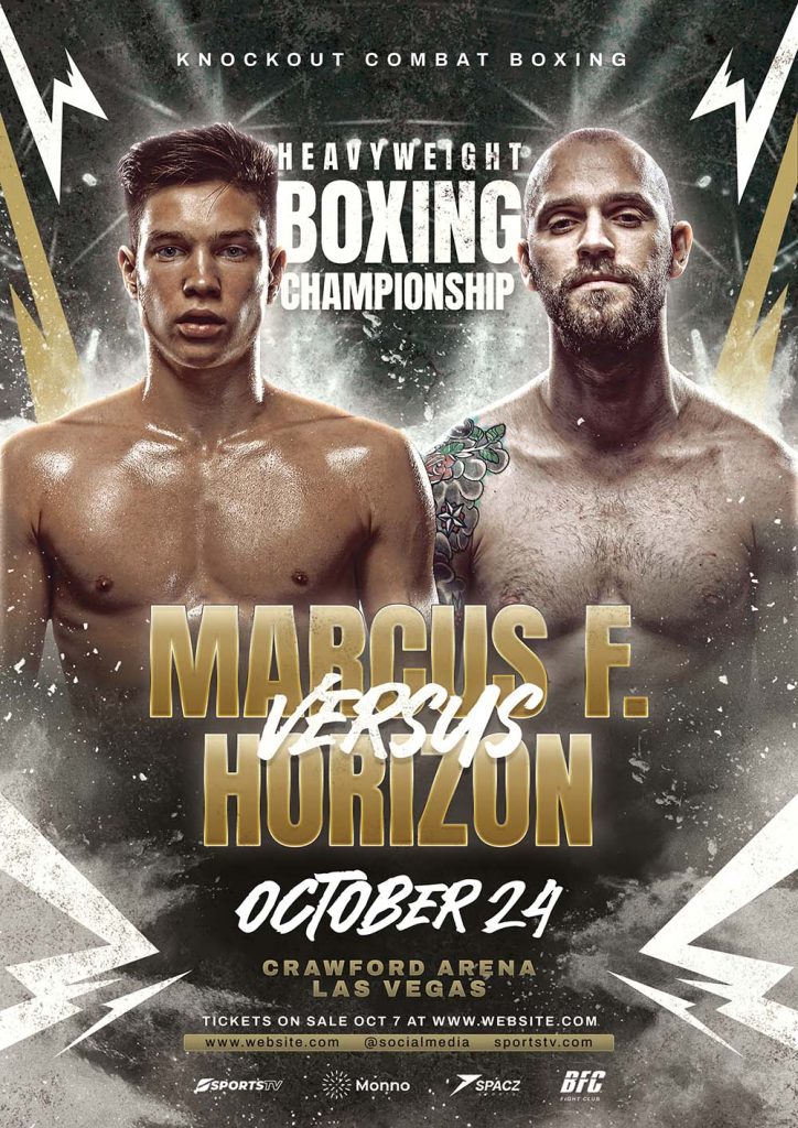 A dark, high-impact boxing championship flyer template designed in Photoshop PSD, featuring two heavyweight fighters facing off against a dramatic smoky arena background with gold and white lightning bolt accents. Bold gold and white typography displays fighter names in a versus layout, with event details including date and venue. The left panel shows the Bornx Design branding on a black background with the Photoshop PS icon and print specs: US Letter, A4, 300 DPI, and CMYK Print Ready.