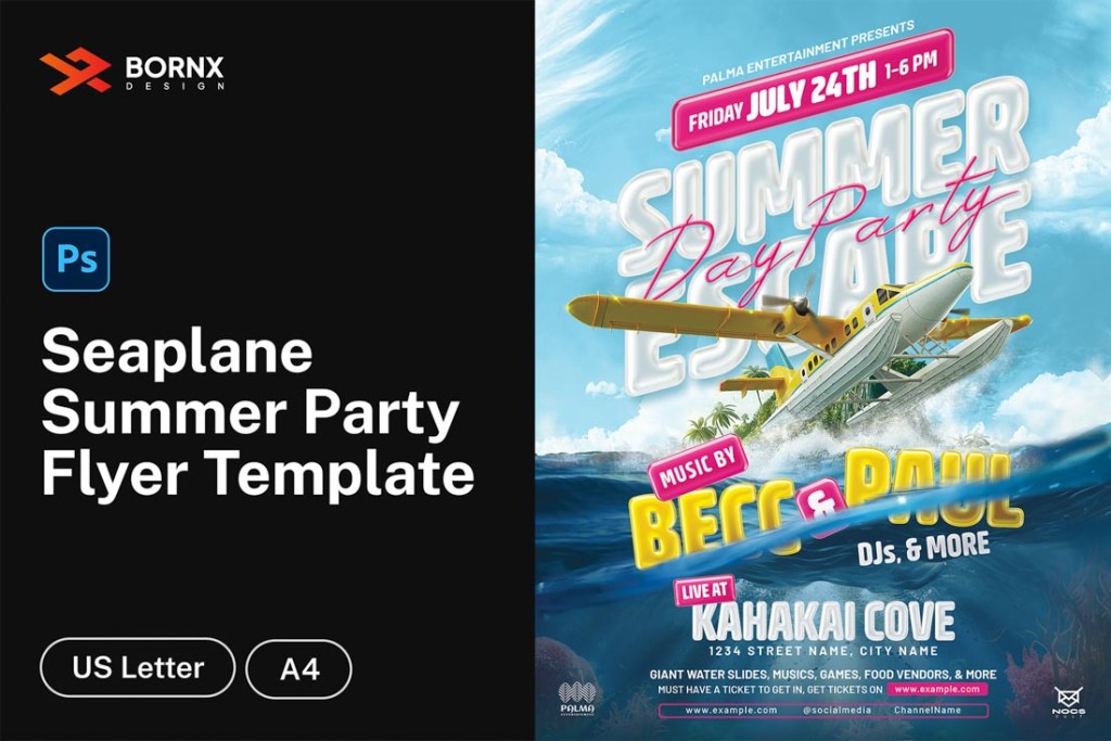 Professional mockup showing Seaplane Summer Party Flyer Template in US Letter and A4 sizes with Photoshop PS icon on black and blue background.