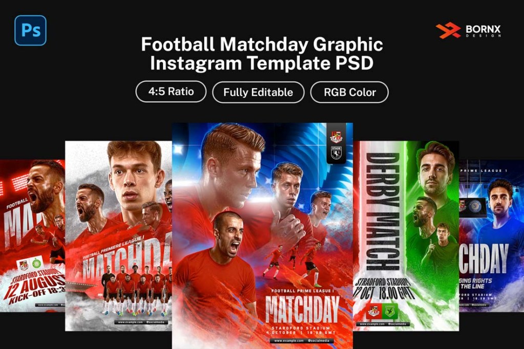 Overview of football matchday graphic instagram template collection in 4:5 ratio featuring various sporty layouts and player action shots created in Adobe Photoshop.