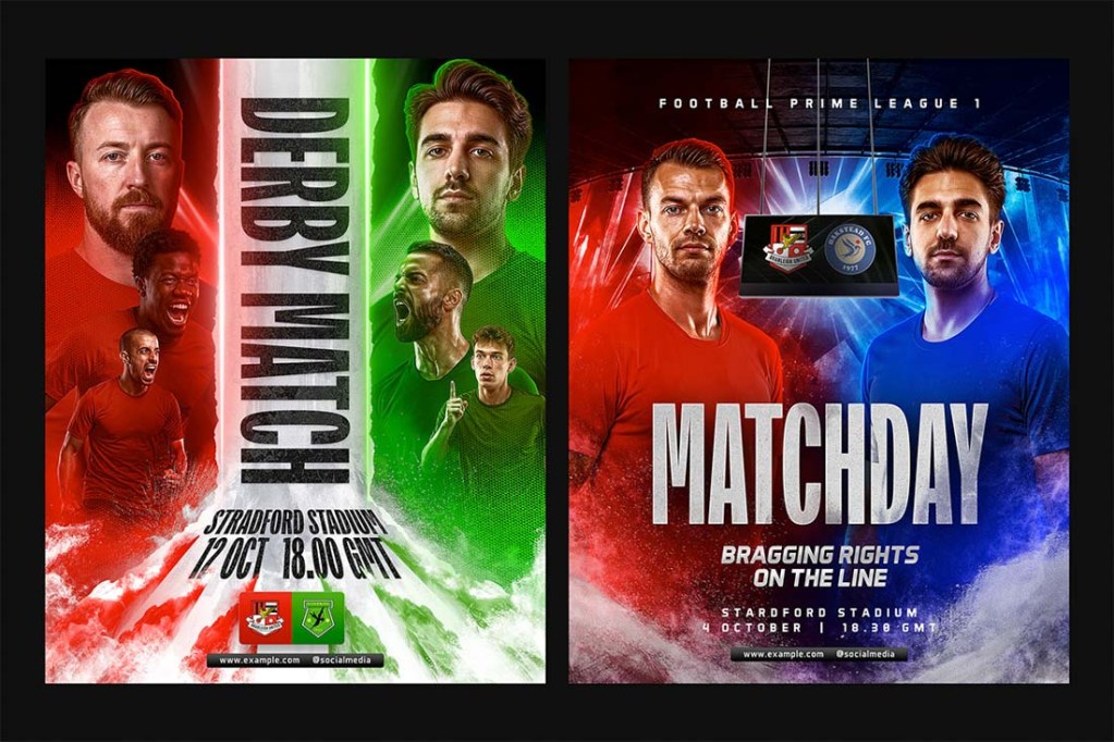 Derby match instagram template design with split green and red color scheme featuring player portraits and mist effects.