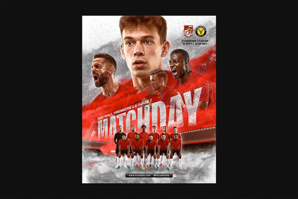 Full squad matchday announcement layout with atmospheric smoke effects and bold typography for football premier league promotion.
