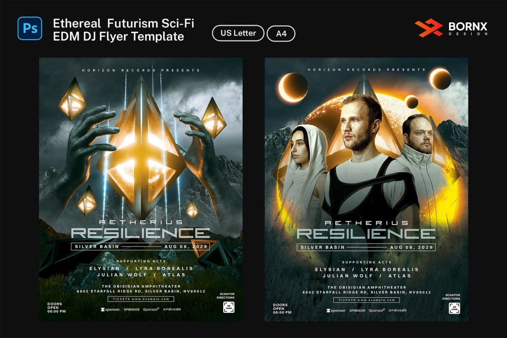 Showcase of two versions of the Ethereal Futurism Sci-Fi EDM flyer template PSD in A4 and US Letter sizes, featuring 3D geometric diamonds and artist portraits.