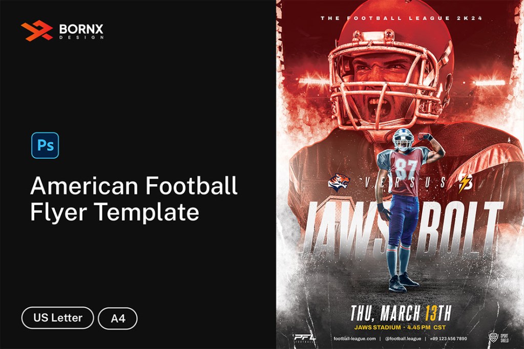 Main preview of American football flyer template in Photoshop PSD format featuring a red-toned energetic player and match details on black background.