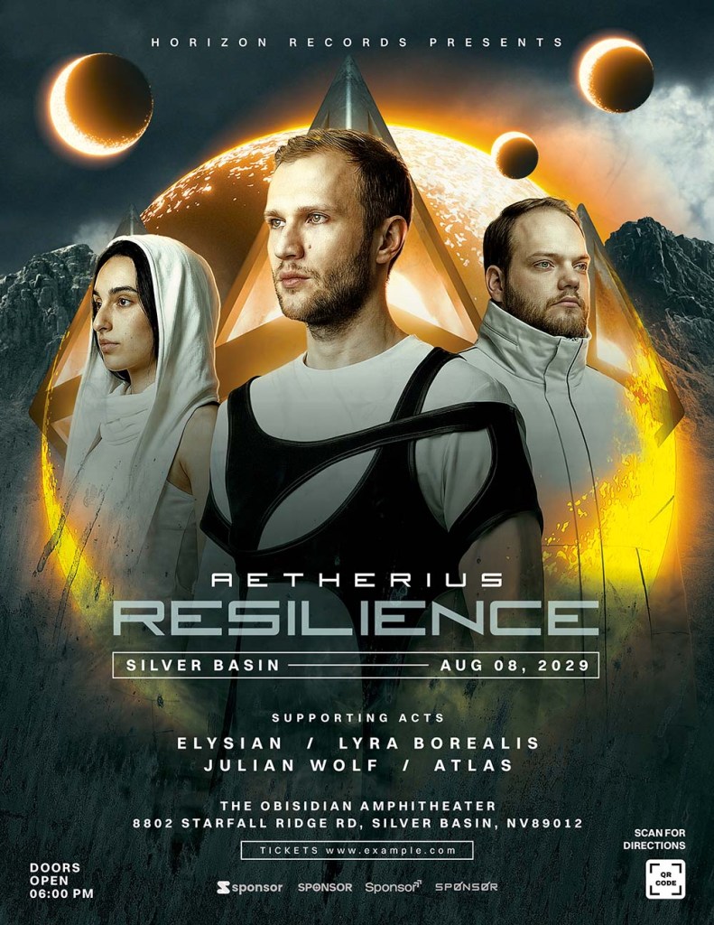 The artist-focused layout of the Sci-Fi flyer template showing three DJs against a bright, ethereal sun and celestial background.