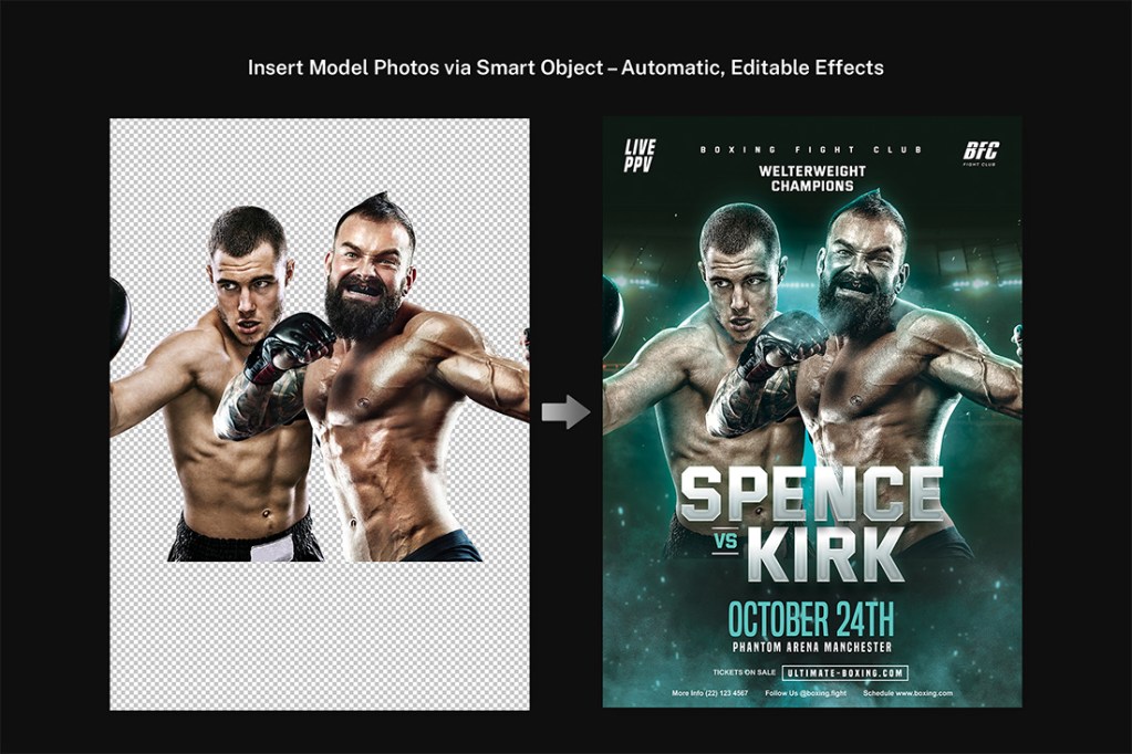 Boxing Fight Night PSD Template smart object tutorial — side-by-side before and after comparison showing two male MMA fighters cut out on transparent background being dropped into the Photoshop Smart Object layer, resulting in an automatically styled combat sports event poster with teal atmospheric glow effects and bold typography.