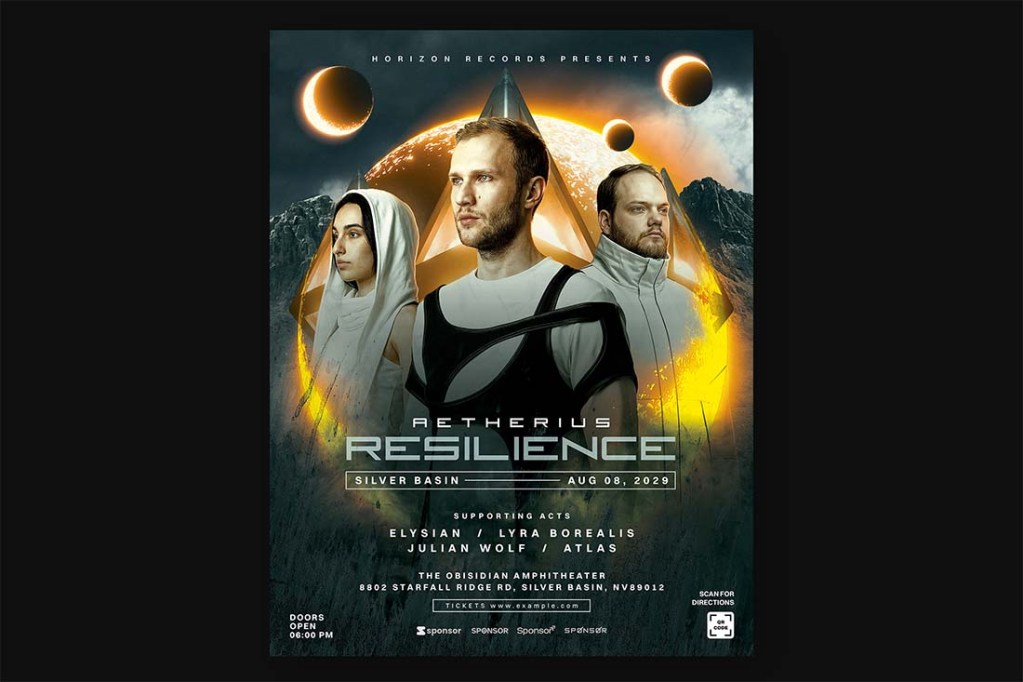 The artist-focused layout of the Sci-Fi flyer template showing three DJs against a bright, ethereal sun and celestial background.