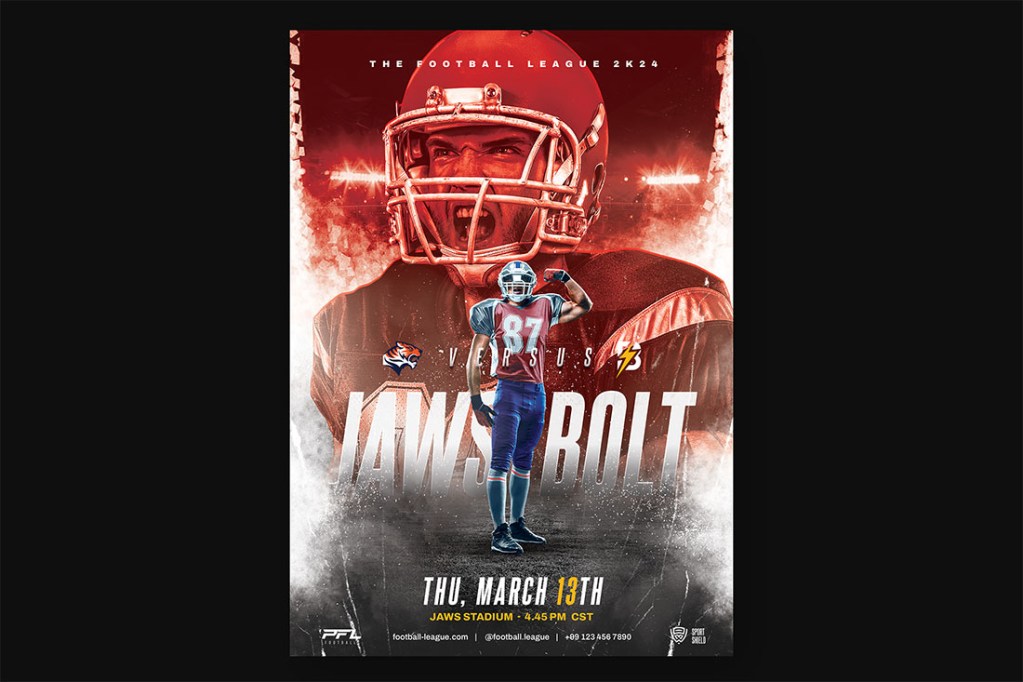 Full-page view of the final American football promotional flyer design with vibrant red lighting, smoke textures, and bold typography.