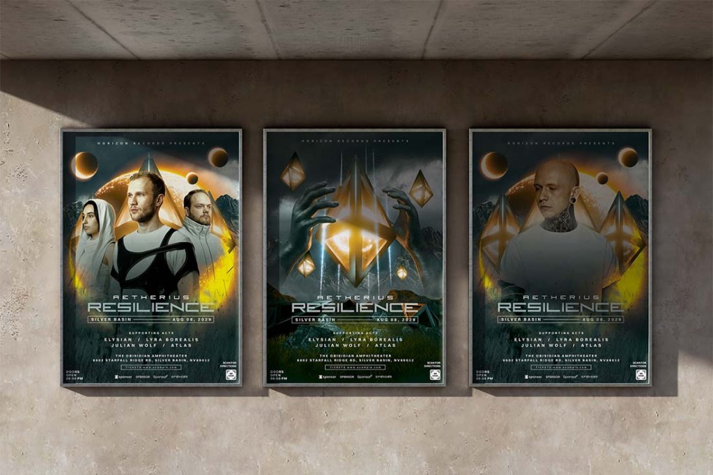 Realistic flyer mockups displayed on a concrete wall in a three-frame gallery setup to visualize the final printed Sci-Fi event posters.