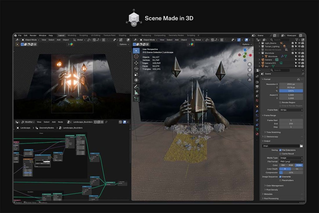 Behind the scenes of the 3D scene creation in Blender, showing geometry nodes and lighting setup for the ethereal Sci-Fi landscape used in the PSD flyer.
