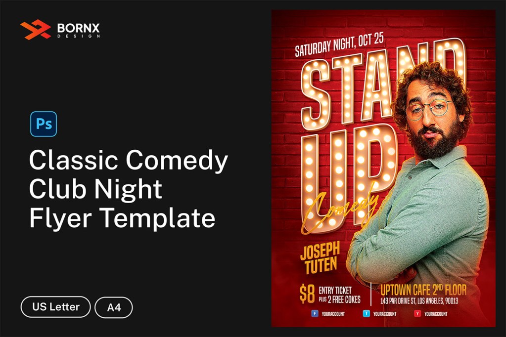 comedy club flyer template featuring a male comedian with marquee bulb lettering and a deep red brick wall background in Photoshop PSD format