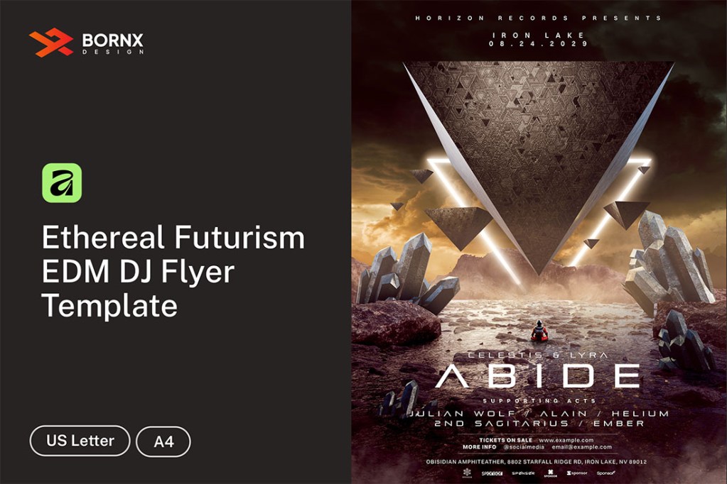 Main preview of Ethereal Futurism EDM DJ flyer template for Affinity featuring a surreal 3D landscape with pyramids and crystals.