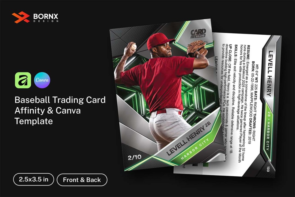 Baseball trading card template front and back preview with chrome and neon green design, Affinity and Canva compatible, 2.5x3.5 inches