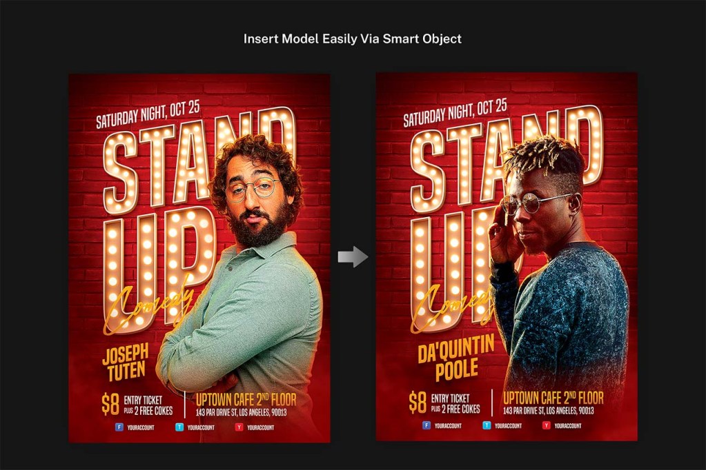 comedy club flyer template showing smart object model swap feature with two different comedian photos side by side in Photoshop PSD format