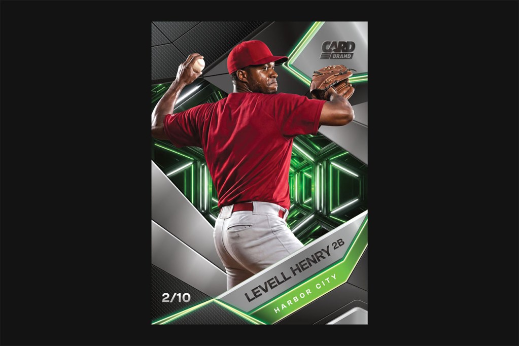 Baseball trading card template front side showing athlete in red uniform on dark carbon-textured background with glowing green hexagonal geometric pattern and silver chrome frame, Affinity file