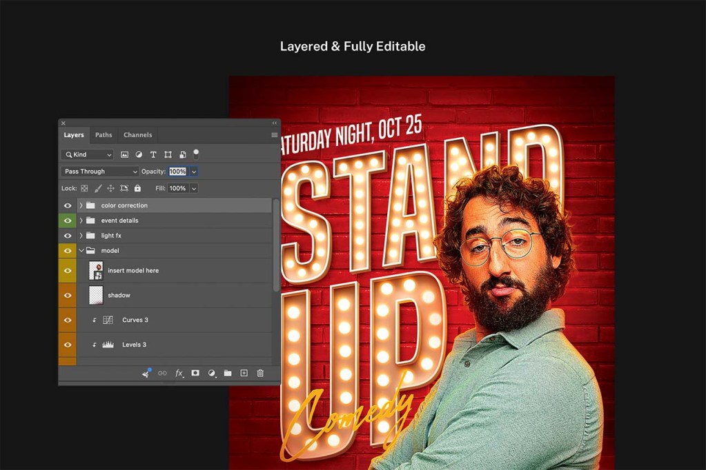 comedy club flyer template with organized color-coded Photoshop layers panel open showing model, light FX, event details, and color correction groups in PSD format