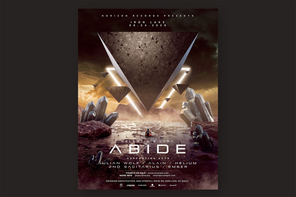 High-resolution 300 DPI print-ready view of the sci-fi music event flyer with bold futuristic typography and glowing neon details.