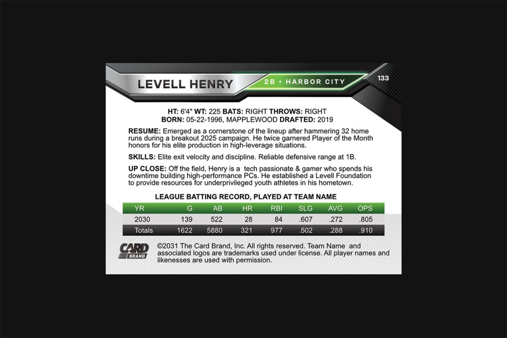 Baseball trading card template back side with player stats table, career resume, skills section, and league batting record on white and silver layout