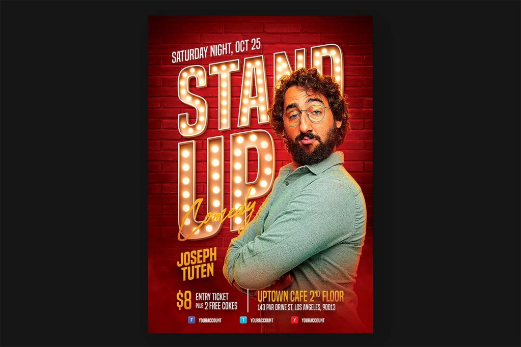 comedy club flyer template full poster view with marquee stand up comedy typography and comedian portrait on red brick background in Photoshop PSD format