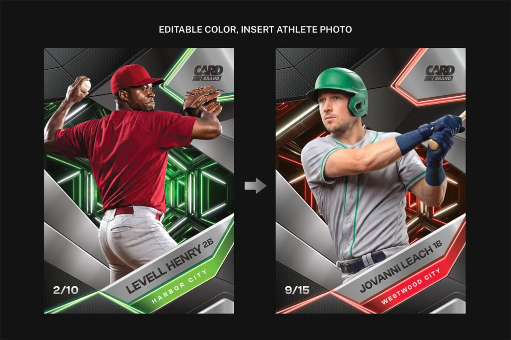 Editable baseball trading card template showing color variation from neon green to red with athlete photo swap, Affinity and Canva editable design