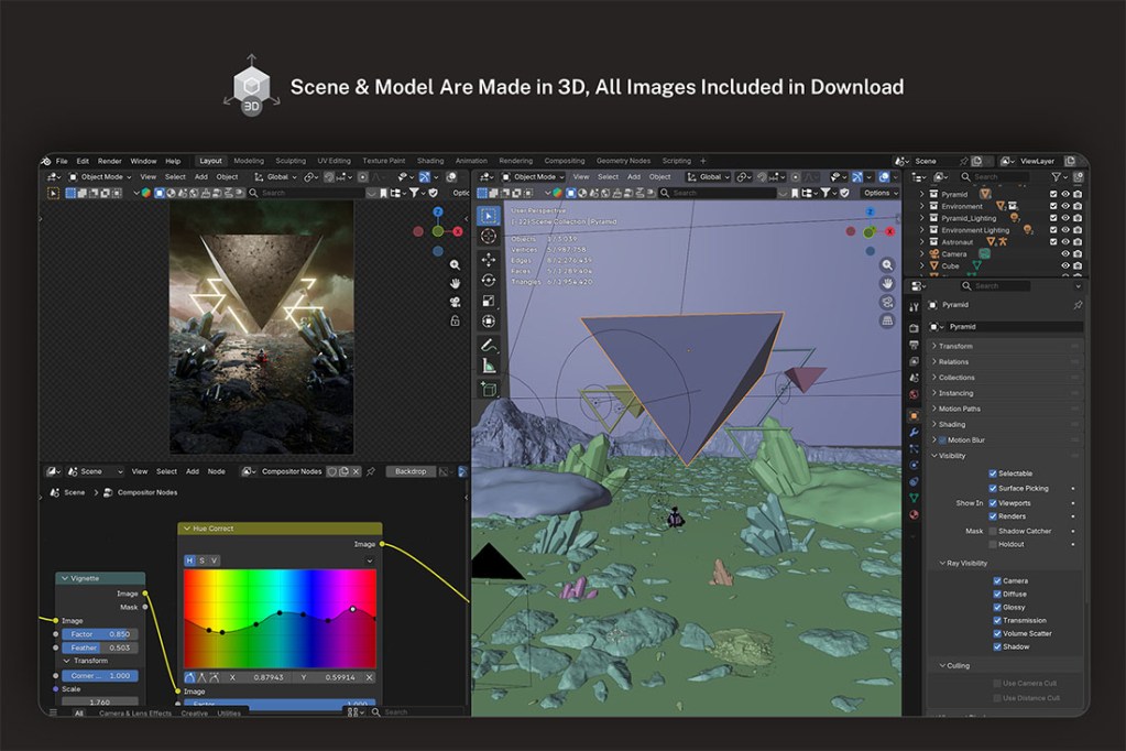 Behind-the-scenes look at the 3D scene creation in Blender software used to generate the high-quality assets for the Affinity flyer.