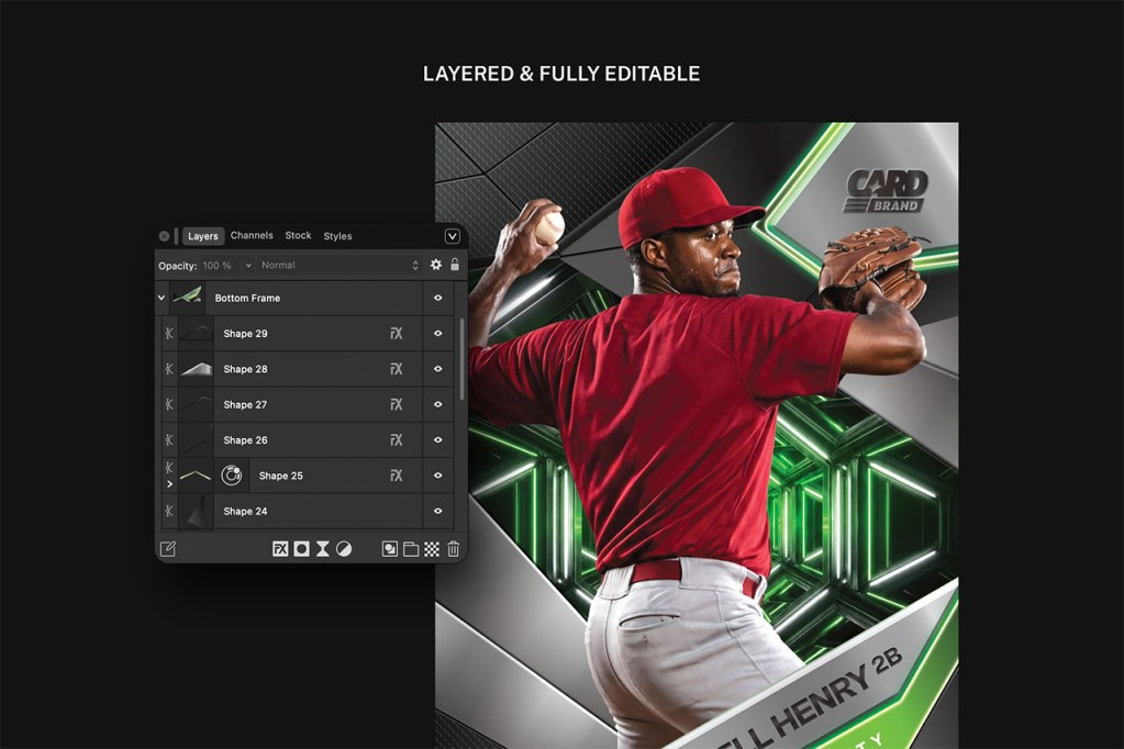 Fully layered baseball trading card template open in Affinity showing organized layers panel with chrome card front design