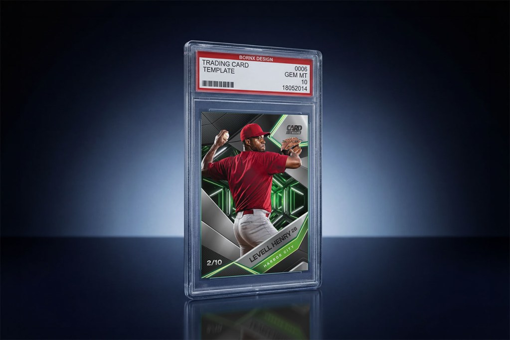 Baseball trading card template displayed in PSA graded slab mockup style with chrome green design on dark blue gradient background