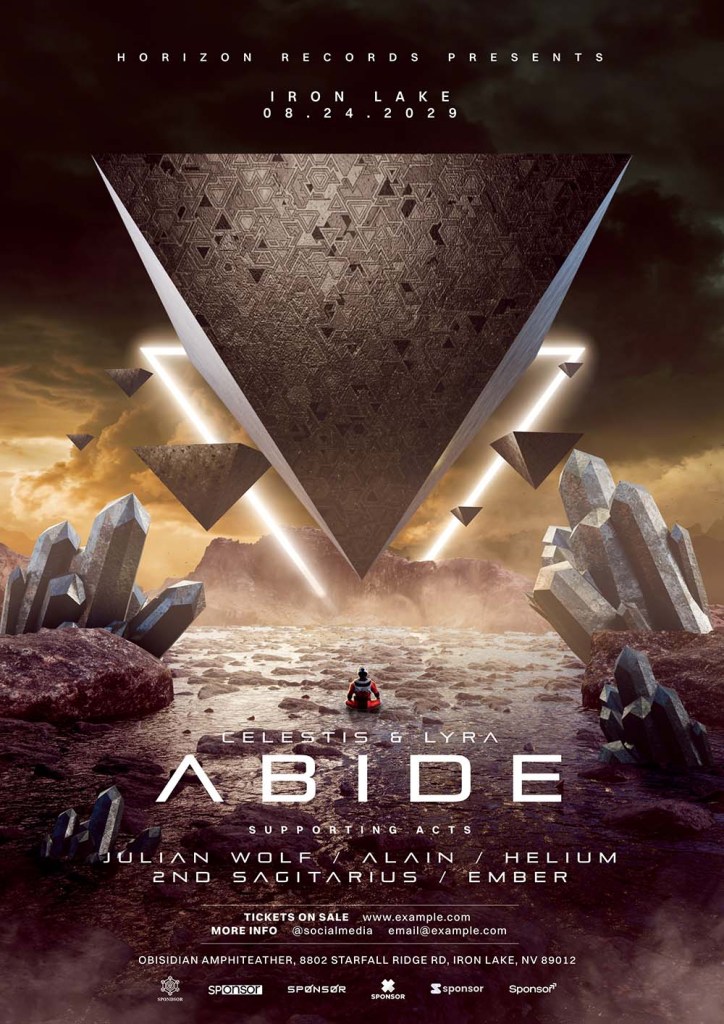 A flyer template built around a fully custom 3D scene — not a stock photo composite. The visual is rendered in Blender: an otherworldly landscape with glowing inverted pyramids, floating crystals, an astronaut silhouette, and volumetric fog that gives the whole thing real cinematic depth. It's the kind of artwork you'd expect on a major festival poster, packaged as an editable Affinity file.