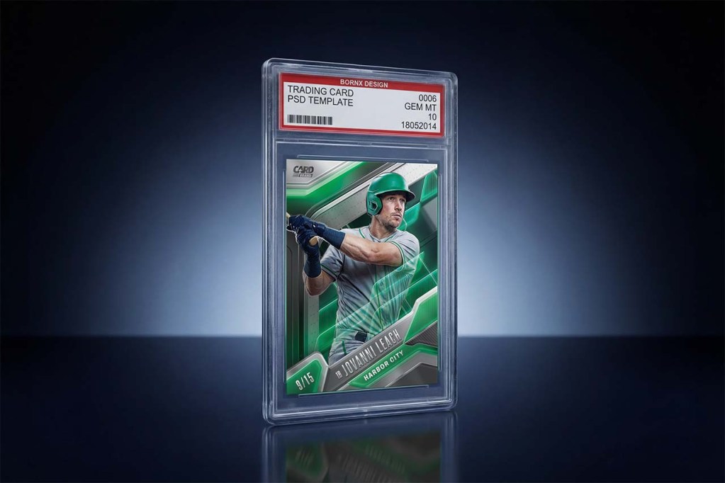 Baseball trading card template PSD presented inside a graded plastic slab mockup with a blue background