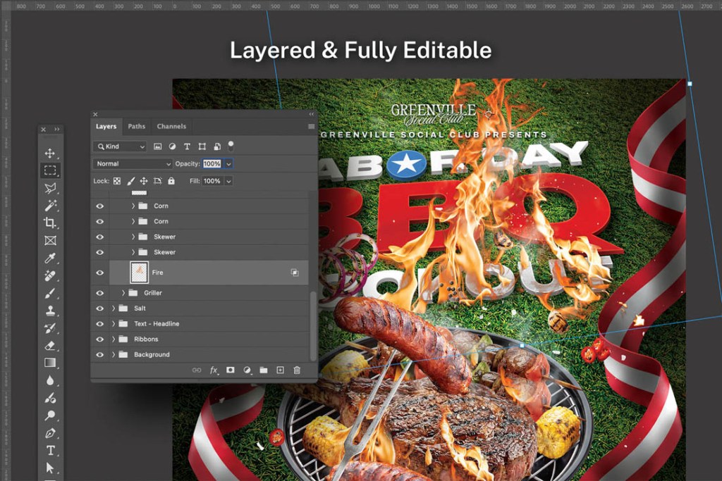 labor day bbq party flyer template psd showcasing organized photoshop layers panel with editable folders for fire griller text and background in adobe photoshop format