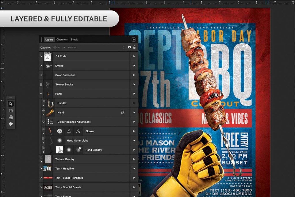 Detailed view of the Photoshop or Affinity layers panel showing a fully editable and organized flyer structure with "Layered & Fully Editable" text.