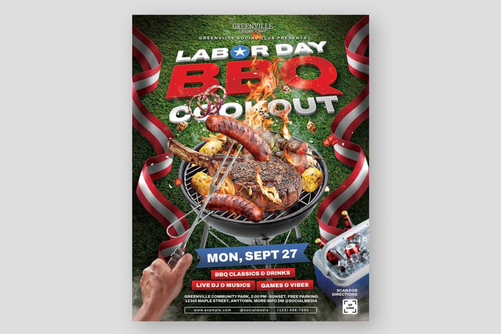 labor day bbq party flyer template psd displaying isolated flyer layout with hand holding fork cooler box with ice and event details banners in adobe photoshop format