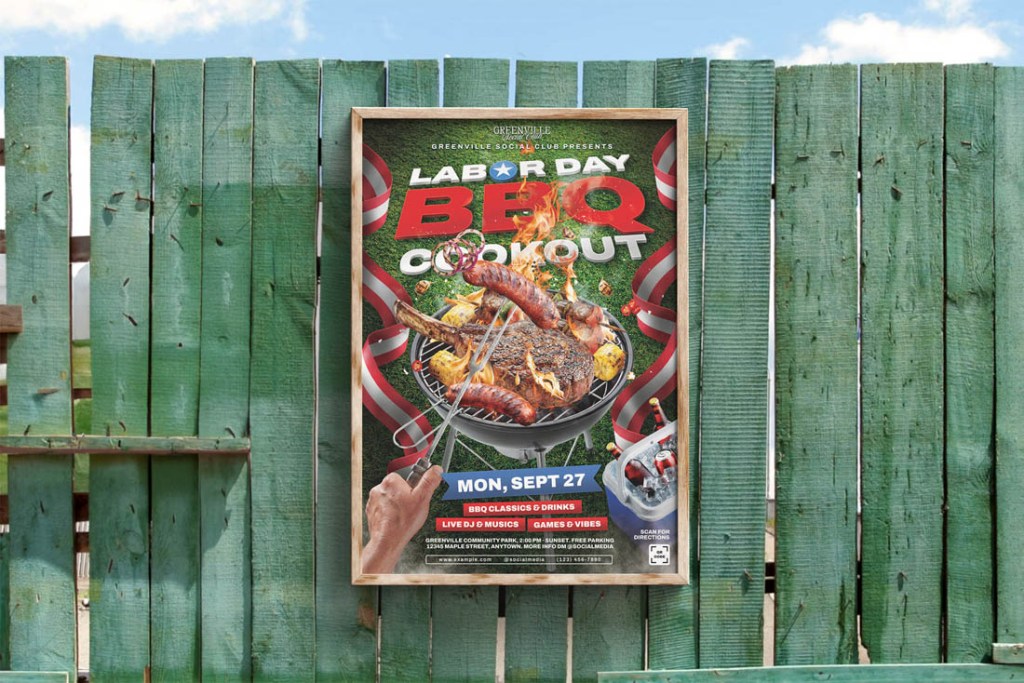 labor day bbq party flyer template psd presented in a rustic wood-framed poster hanging on a weathered teal wooden fence mockup in adobe photoshop format